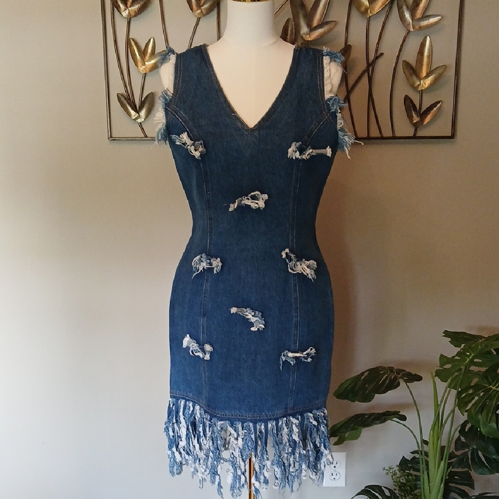 Upcycled Denim Fringe Dress – One of a Kind Statement Piece